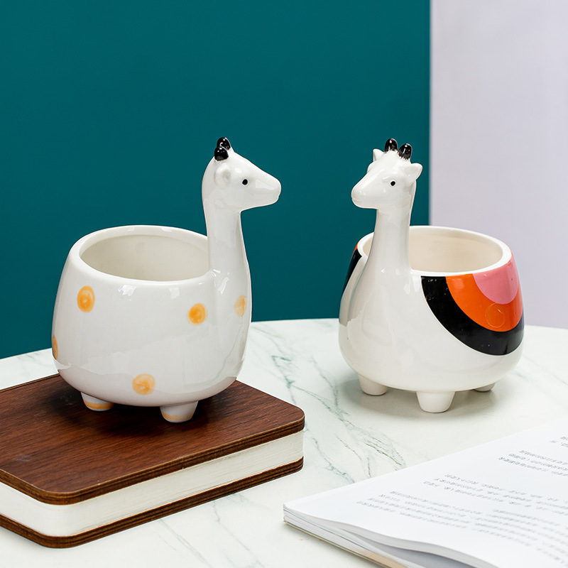 [Small Wholesale] Ceramic Animal Flower Pot Deer Cute Simple Cartoon Flower Vat Crafts Ornaments