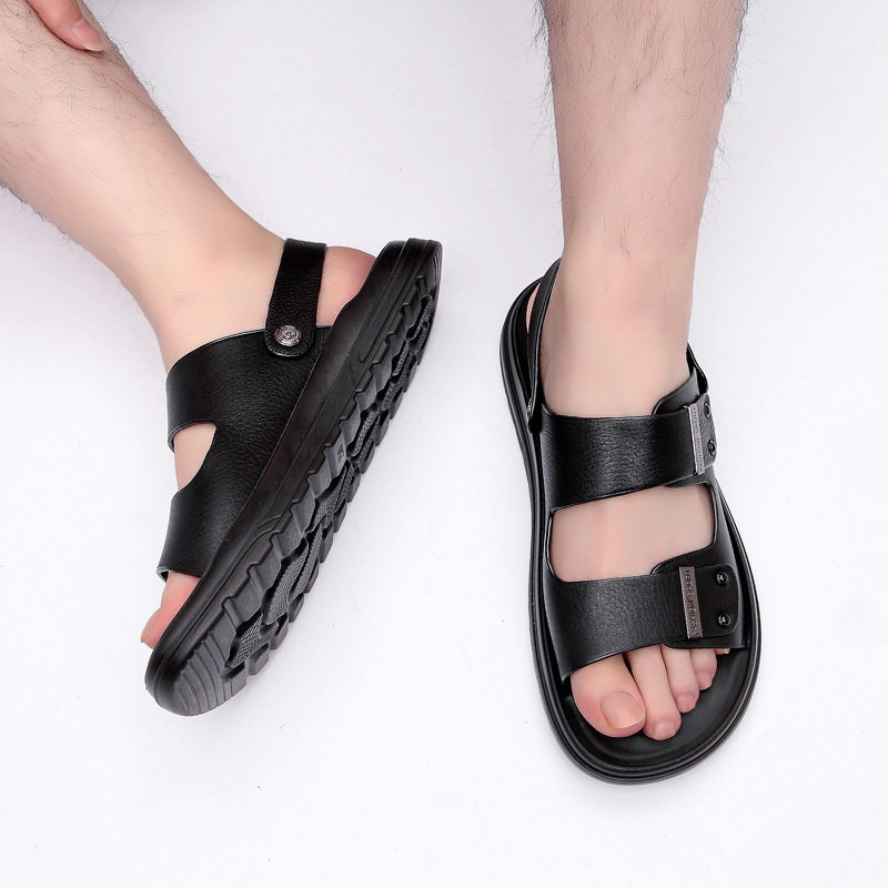 Dép sandal nam da bò hở mũi đế mềm gót 3 cm — nâu