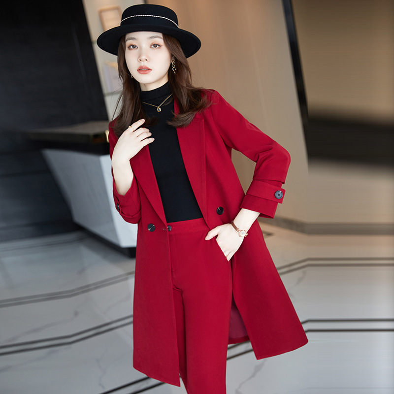 加厚夹棉酒红色西装外套女秋冬新款职业装中长款风衣大衣西服套装