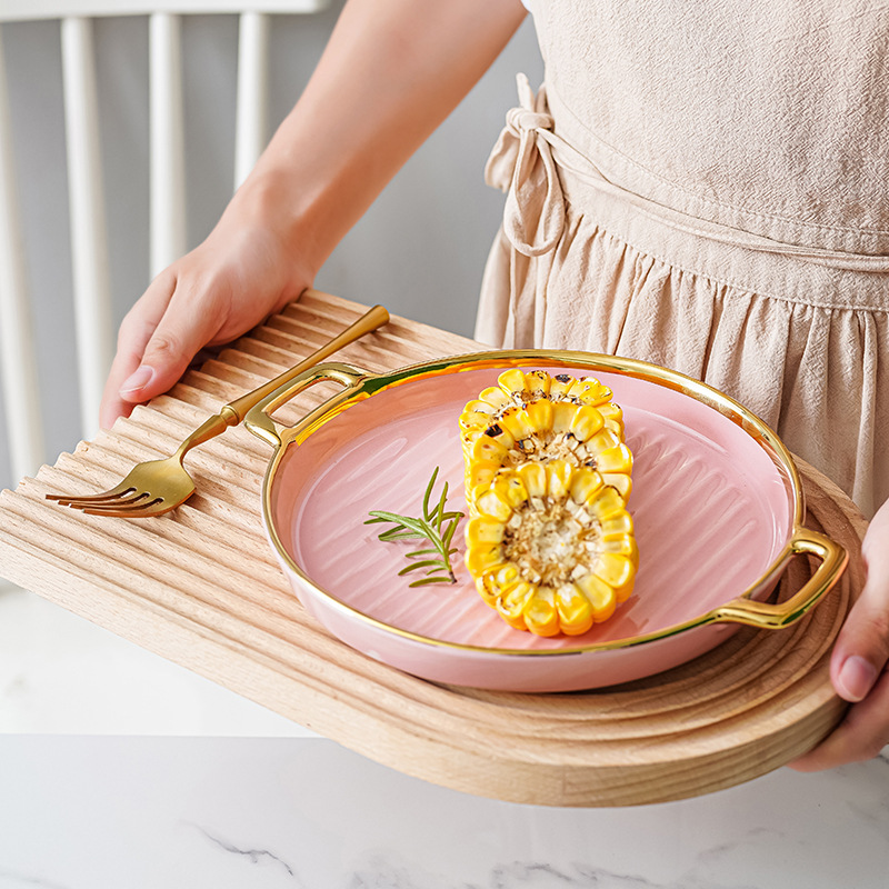 Nórdico creativo de cerámica binaural rayado disco hogar borde dorado filete occidental placa plana ins celebridad internet vajilla plato