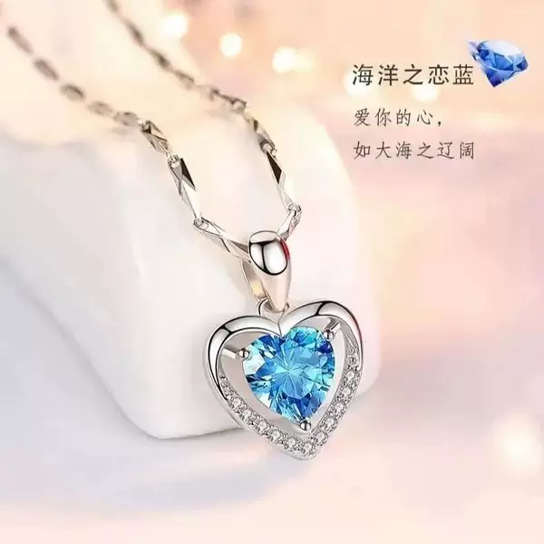 Natural Crystal Heart Series Necklace Women's Collarbone Topaz Ocean Heart Pendant Women's Silver Jewelry for Girlfriend