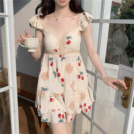 2025韩版甜可爱美蕾丝软棉樱桃熊外穿吊带睡衣家居服套装