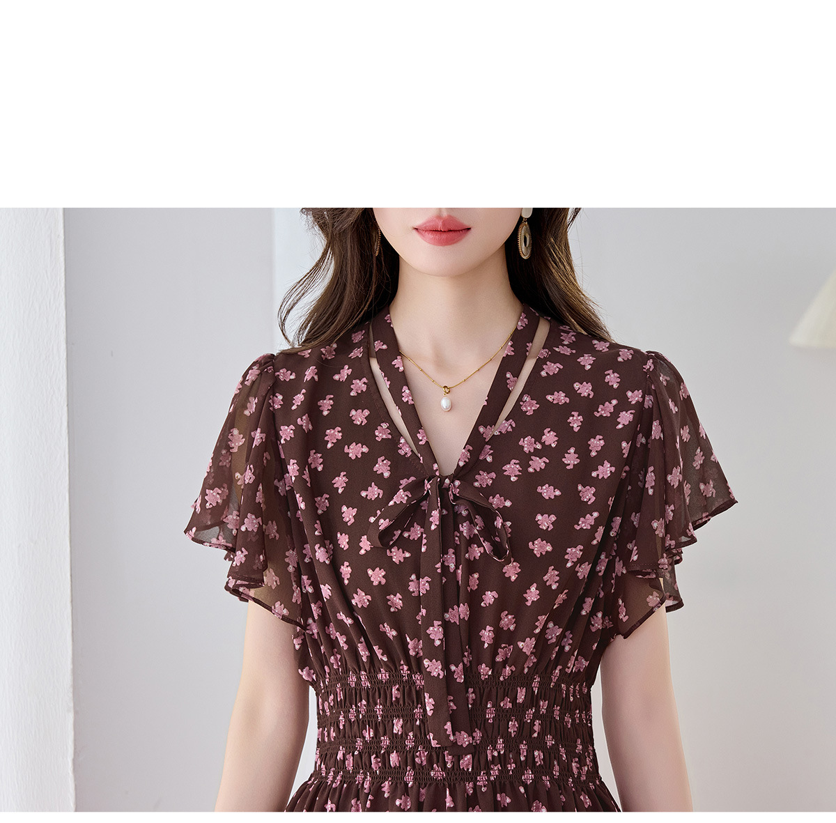 Đầm maxi nữ họa tiết hoa nhí thắt eo dáng chữ A dài quá gối — màu đen, màu hồng chi tiết 26
