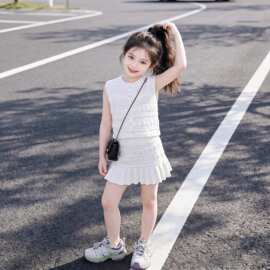 外贸批发女童套装夏季中大儿童洋气时髦无袖背心上衣短裙两件套