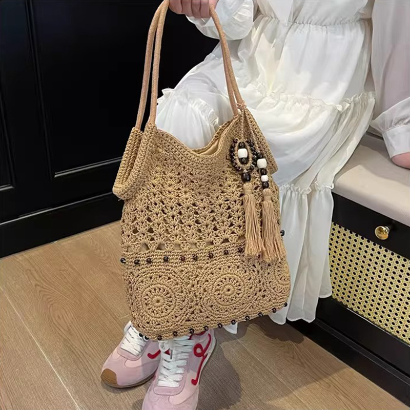 Túi đeo chéo nữ dệt cói đi biển kiểu mới — màu kaki, màu trắng ngà