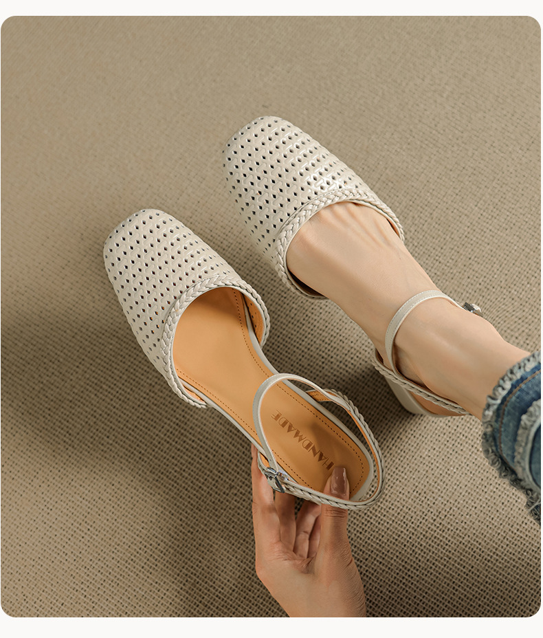 Giày sandal cao gót nữ quai ngang mũi tròn da bò, gót 5 cm — đen chi tiết 15
