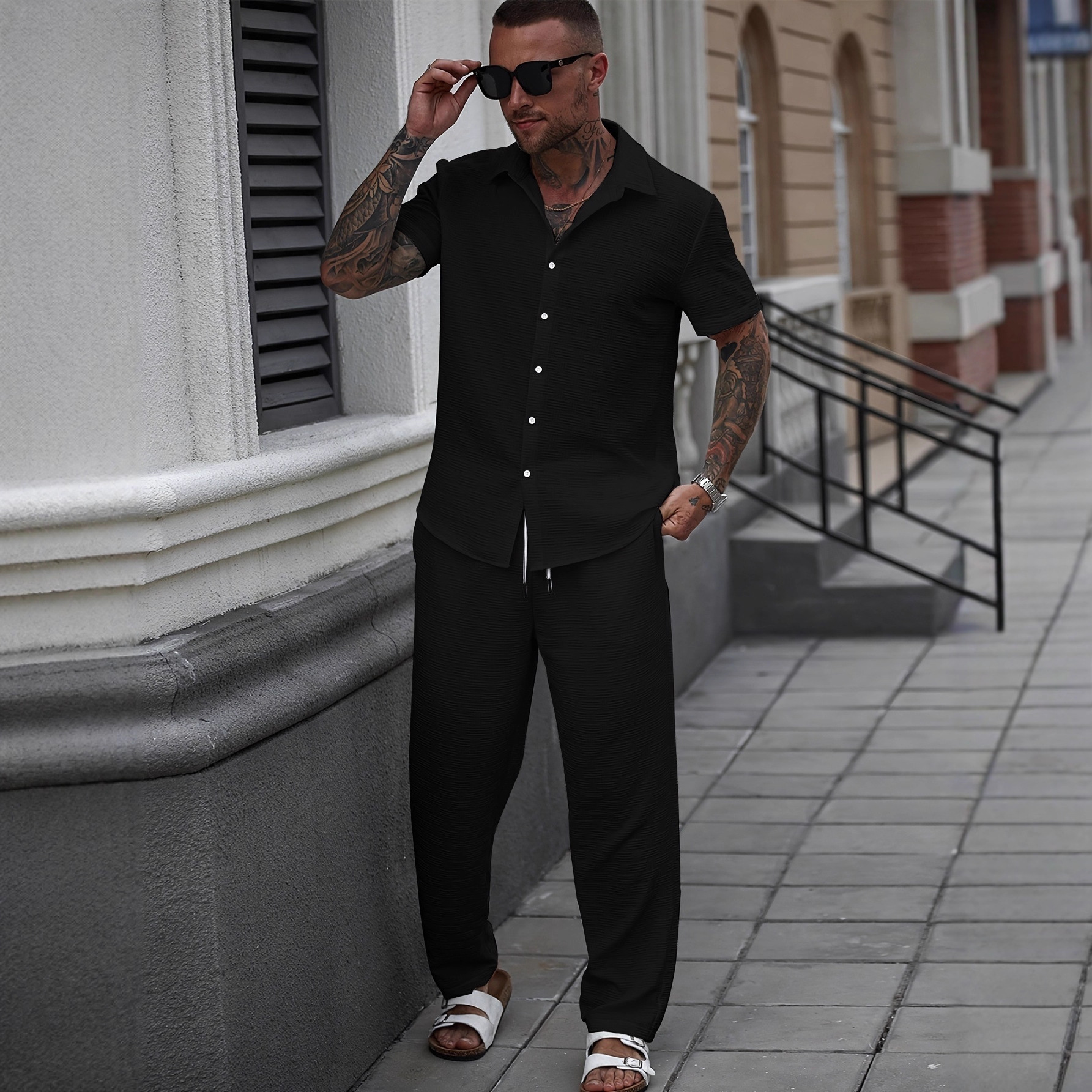 Men's Solid Color Summer Casual Set Single-Breasted Short Sleeve Shirt And Pants Outfit_viptrois.com