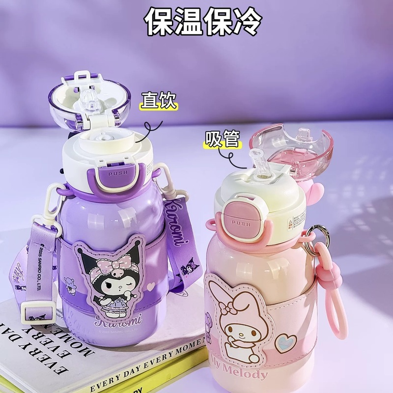 保温カップ 女子用 ストロー付き水筒 大容量 ダブルドリンクカップ ポータブル 316ステンレス 学生用 ダブルドリンク 漫画柄|undefined