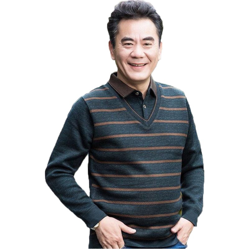 Suéter de punto caliente de los hombres de mediana edad y anciano falso de dos piezas papá desgaste de invierno forrado de lana engrosado suéter hombres