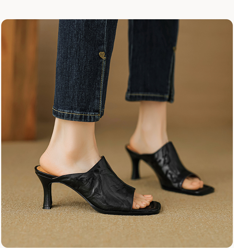 Sandal cao gót nữ hở mũi quai ngang da dê gót 7 cm kiểu Hàn Quốc — đen chi tiết 15