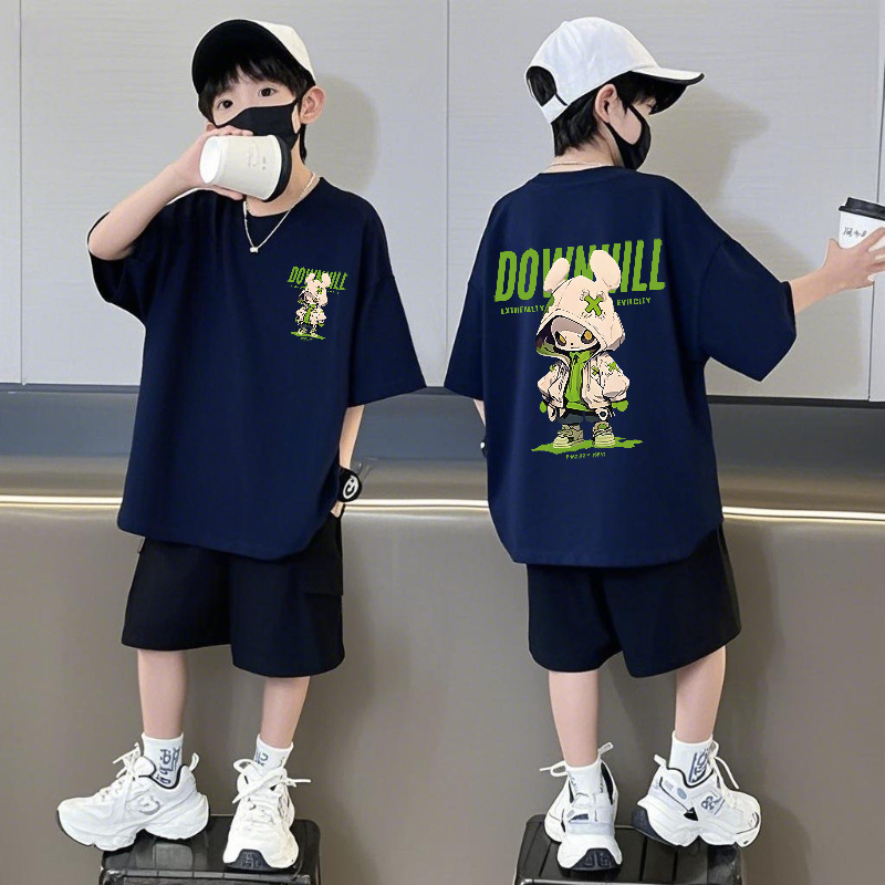 Pure Cotton Short-Sleeved Shorts Boys Suit Summer New Loose Round Neck Half-Sleeved Boy and Kids Cool and Handsome Two-Piece Trendy Set
