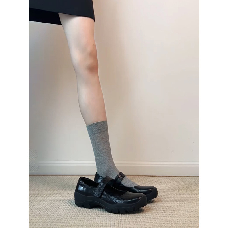 水洗牛皮~真皮复古厚底魔术贴浅口单鞋女2025新款玛丽珍鞋小皮鞋|undefined