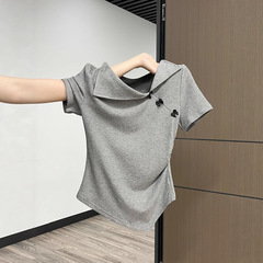 小柄な夏の襟の露骨な半袖のtシャツの女性の不規則な蝶結びの修身は腰の絶美の上着のinsを絞めます。