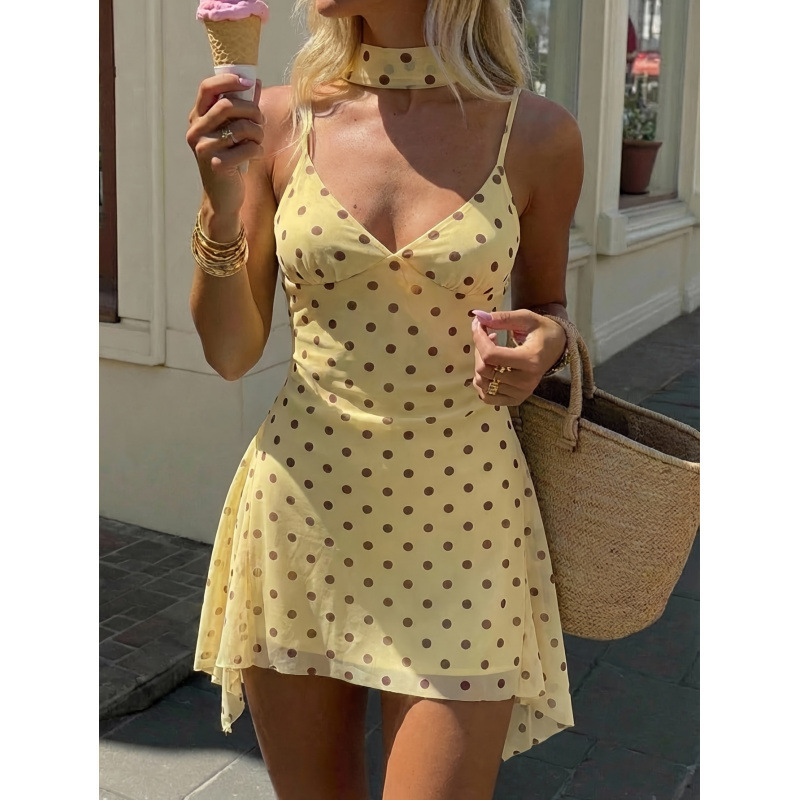 Women's Summer Sexy Vacation Mesh Polka Dot Print Ribbon Irregular Hem Waist-Cinching Strap Mini Dress Women's Summer Sexy Vacation Mesh Polka Dot Print Ribbon Irregular Hem Waist-Cinching Strap Mini Dress