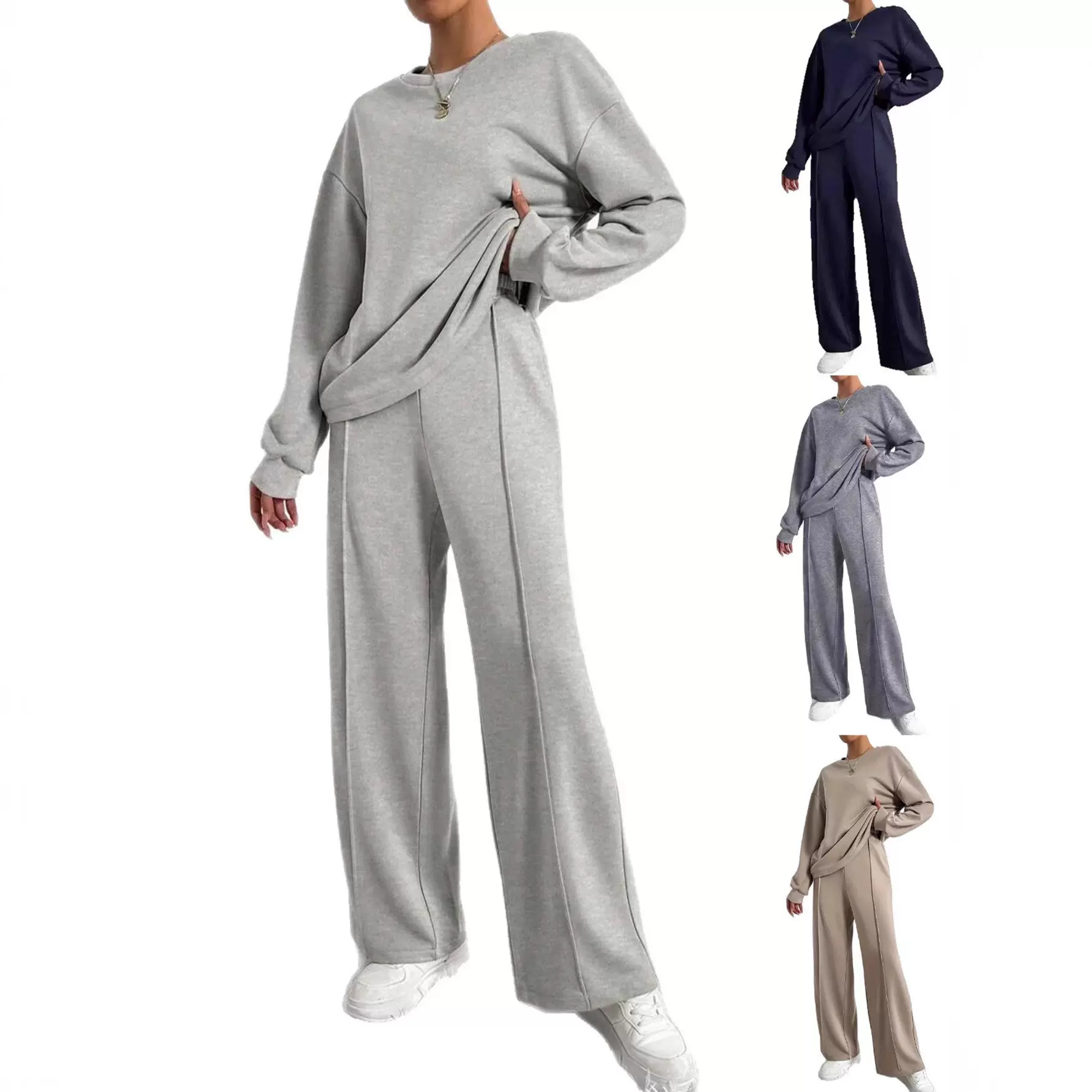 欧美跨境亚马逊热销新款纯色圆领长袖长裤女套装气质时尚两件套