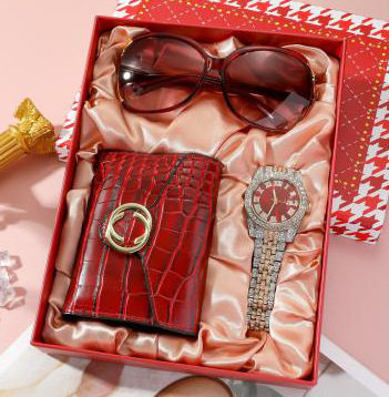 Set de Reloj para Mujer en Caja de Regalo, Reloj Rojo + Cartera + Gafas de Sol + Perfume, Set de 3 Piezas