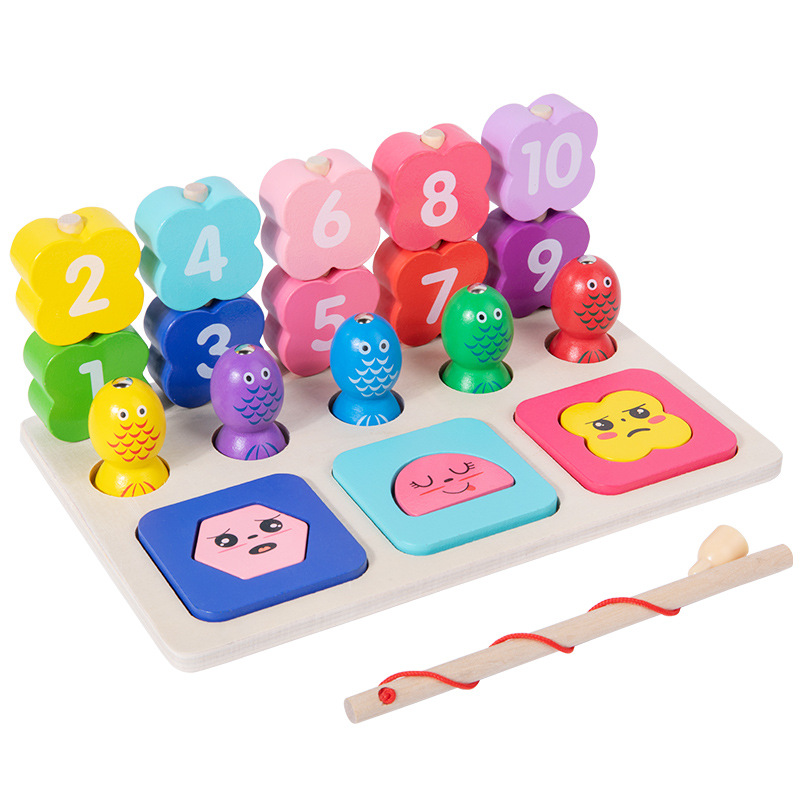 Niños de madera pesca magnética 3 - en - 1 conjunto de iluminación digital adición y sustracción de rompecabezas de educación temprana forma de columna emparejada