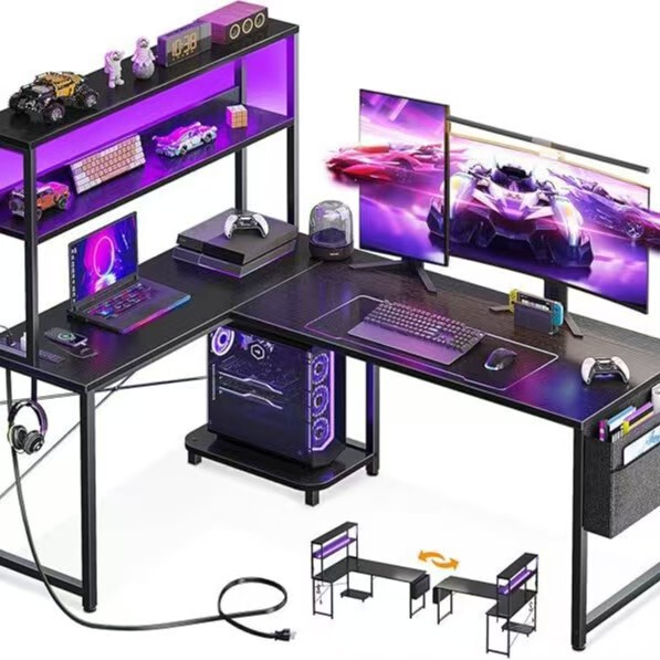 Cross-Border Amazon Computer Table Cool Black Multi-Functional Gaming Table with Storage Rack and Colorful Lights Gaming Computer Table