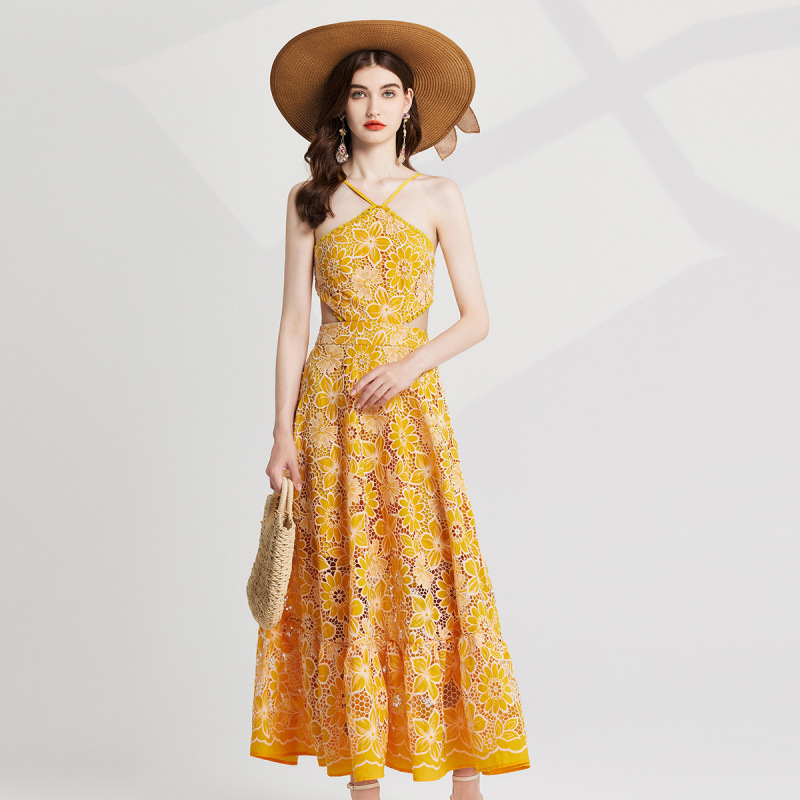 Real Shot of Heavy-Duty Cotton Fabric Laser-Embroidered Backless Dress with Lace and Bow Strap Real Shot of Heavy-Duty Cotton Fabric Laser-Embroidered Backless Dress with Lace and Bow Strap