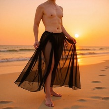 外贸欧美男士网纱睡裙性感蕾丝高开叉纯欲诱惑宽松透视男长裙批发