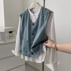 自留推荐~复古水洗蓝色牛仔马甲女春季外搭叠穿坎肩背心上衣