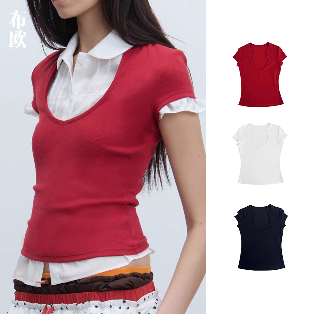 [Clearance, No Returns/Exchanges] Designer Fabric from the Original Manufacturer, Slim-Fit Versatile Basic Style, Cup-Shaped Neckline, Trendy Short-Sleeve T-Shirt