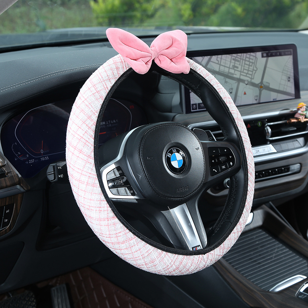 Chanel-style red bow car steering wheel cover, textured and non-slip, suitable for all seasons, women's car interior accessory set
