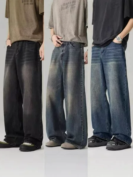 Cross-Border Men's Jeans, Popular in Southeast Asia, Washed Wide-Leg Jeans for Men, Vintage Distressed Loose Straight Pants