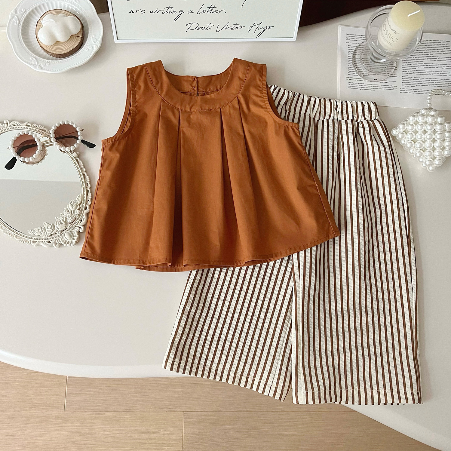 Mädchen Sommer Set Ärmelloses Oberteil Und Gestreifte Hose_voghion.com