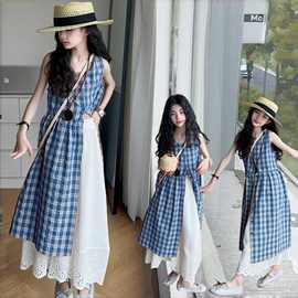 夏季格子罩衫套装新款韩版童装2025半身裙女童中大童两件套童装潮