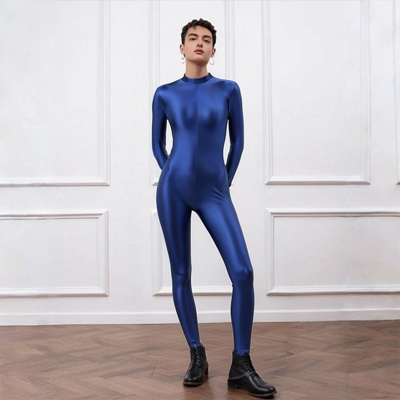 Carefully Selected Elastic Glossy Shapewear Fitness Sports Tights with Long Zipper, Long Sleeves, and Full-Body Seamless Design