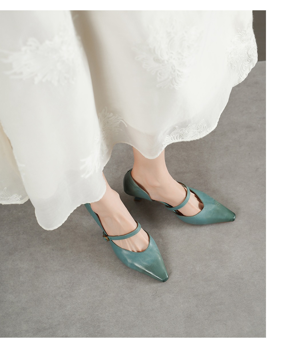 Sandal cao gót nữ quai ngang mũi nhọn da bò cổ điển gót 9 cm — đen chi tiết 5