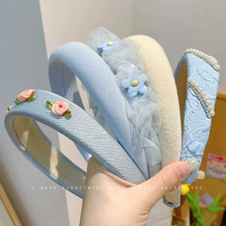 网纱珍珠小花蓝色系洗脸发箍女高颅顶网红2022年新款发卡压发头箍