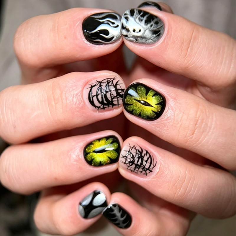 Cross-Border European and American Foreign Trade Men's 30Pcs Dark Style Cool Cat Eye Graffiti 3D Three-Dimensional Wearable Nail Art Nail Pieces