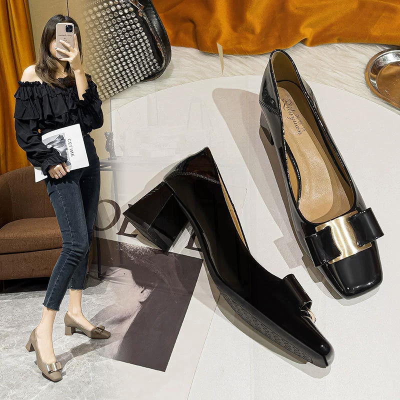 Черные туфли на высоком каблуке для женщин, на толстом каблуке, не утомляющие ноги, новинка 2025 года, универсальные женские туфли для весны и осени, туфли на среднем каблуке из лакированной кожи с квадратным носком.