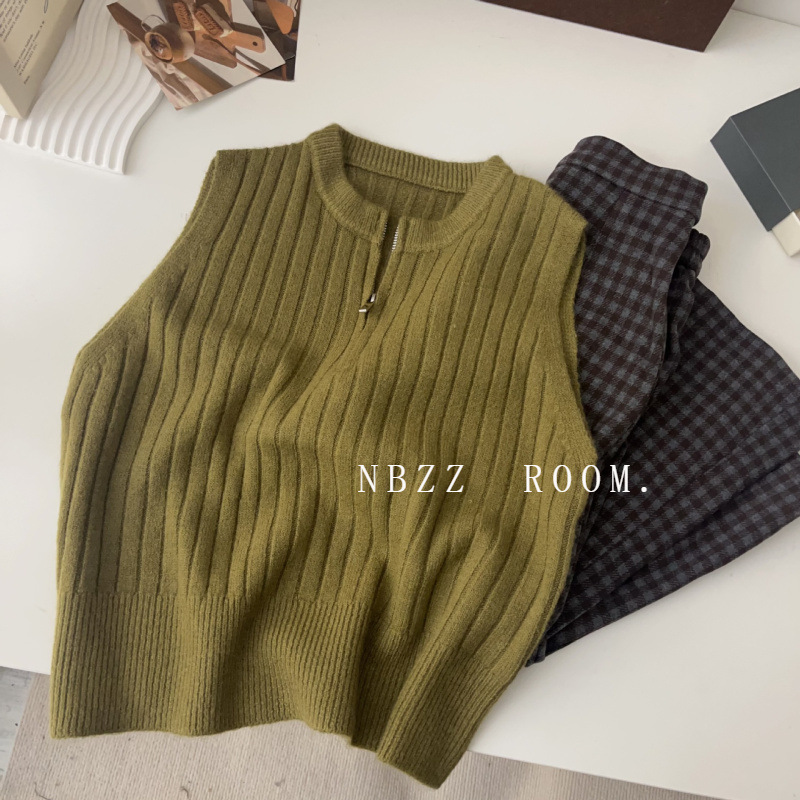 (2개) 가을과 겨울 2024 새로운 복고풍 스타일 세련된 올드 머니 스타일 하프 지프 조끼 스웨터 여성의 단색