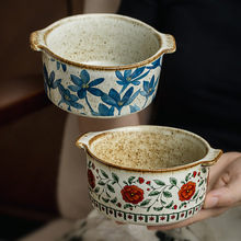 古朴手作4.5英寸粗陶双耳碗防烫小汤碗民宿甜品沙拉碗跨境出口