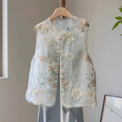 新中国式の美しい青いベスト女性2025夏の薄いタイプの欧根紗刺繍の若い国風ベストの上着