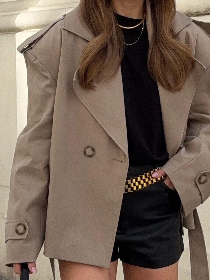 Áo khoác trench coat nữ dáng dài cổ ve, thắt eo phối đai, tay dài — Kaki chi tiết 34