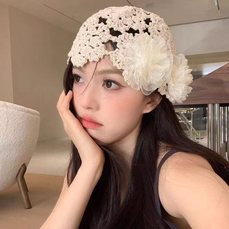 春夏薄款手工编针织帽女镂空钩花毛线帽甜美文艺显脸小包头堆堆帽|undefined