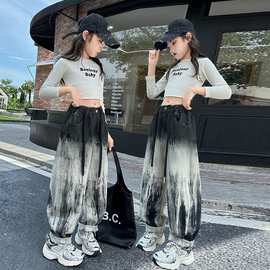 女童喷漆扎染仿牛仔春秋季新品韩版宝宝个性裤子儿童街舞长裤潮流