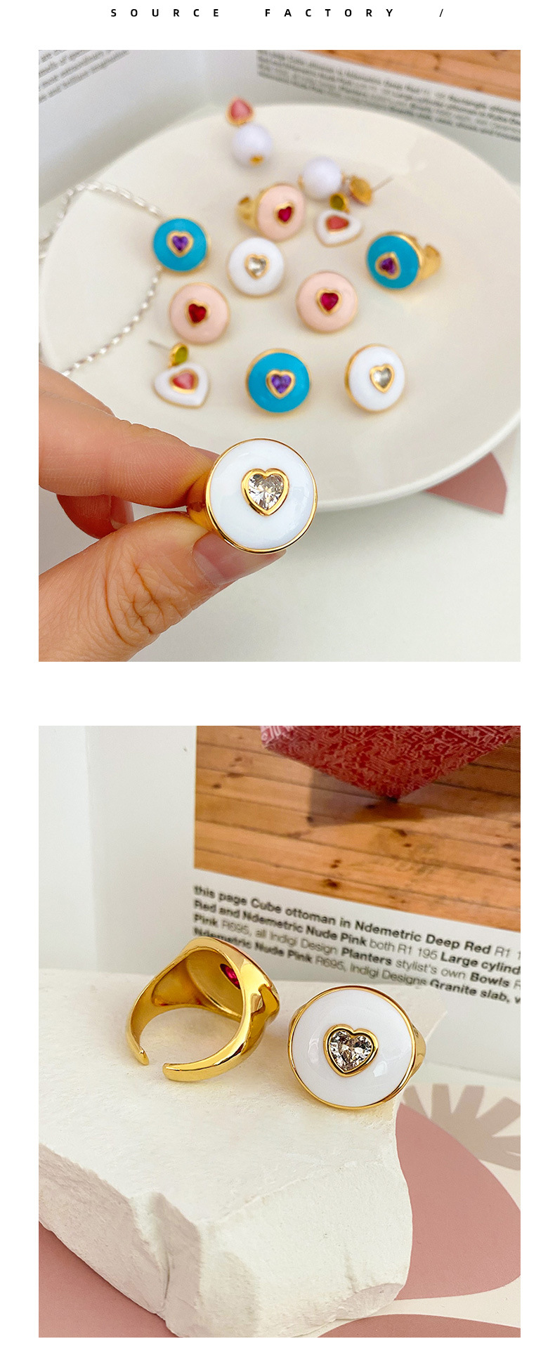 Retro Heart Shape Copper Enamel Zircon Rings 1 Piece