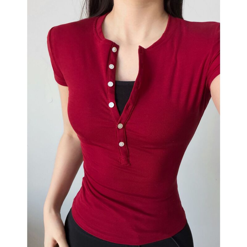 Cooling Yoga T-Shirt for Women, High Elasticity, Waist-Cinching, Slimming, Short-Sleeve Sports Top, Fitness Base Layer, Buttoned Henley Shirt 1970 Cooling Yoga T-Shirt for Women, High Elasticity, Waist-Cinching, Slimming, Short-Sleeve Sports Top, Fitness Base Layer, Buttoned Henley Shirt 1970