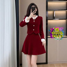 新中式名媛甜美气质少女酒红色小礼服长袖灯芯绒旗袍连衣裙两件套