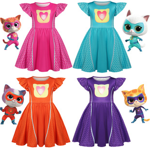 in stock Children Super Cat SuperKitties dress Girl Flying Sleeve A- line Skirt 81331