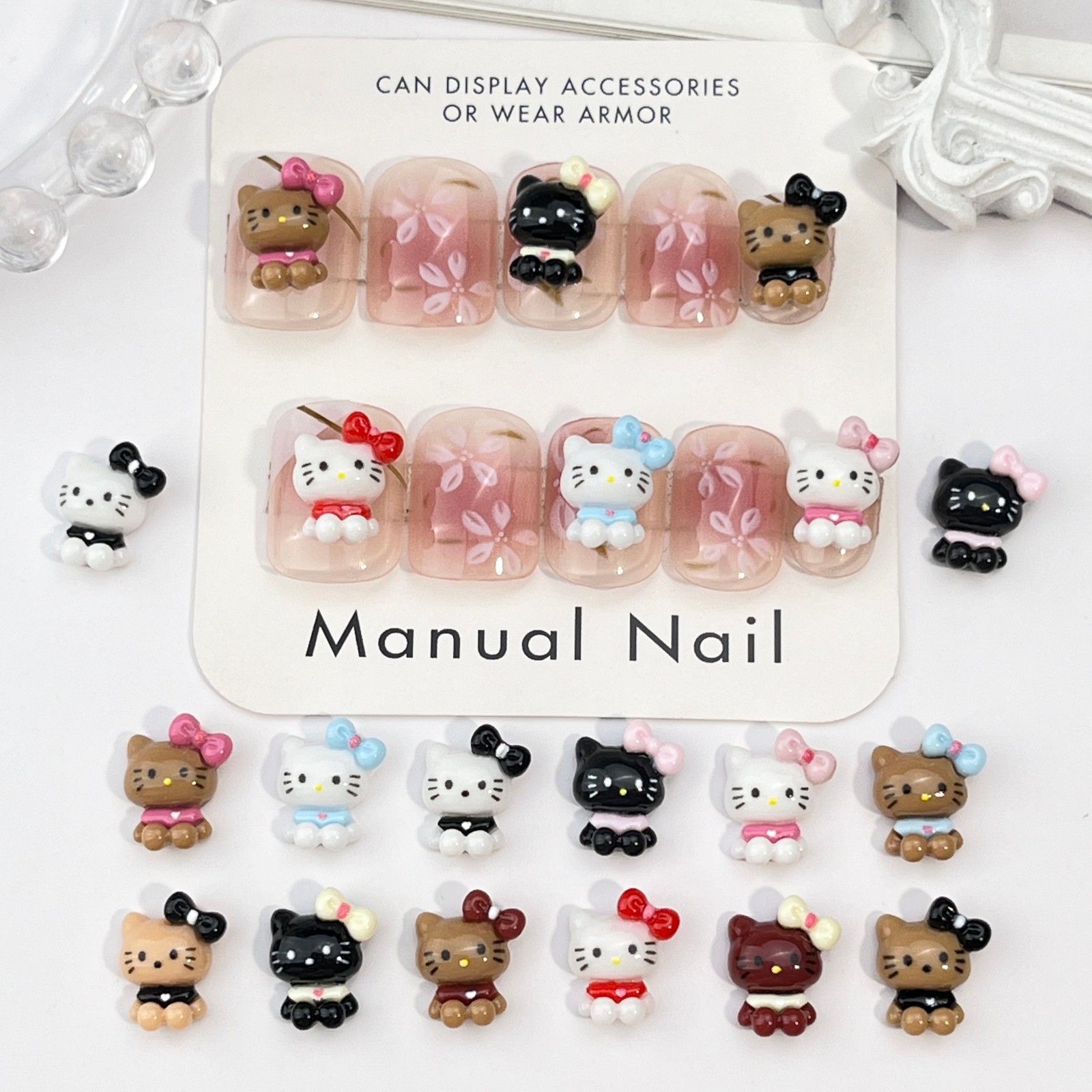 黑皮凯蒂猫卡通美甲饰品可爱立体泳圈KT猫蝴蝶结树脂diy指甲配饰