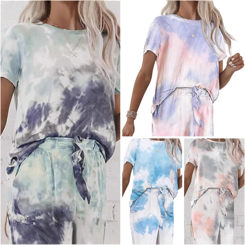 2020 European and American Hot-Selling Women's Loungewear Two-Piece Set Amazon Tie-Dye Printed Short-Sleeve Shorts Set Versatile