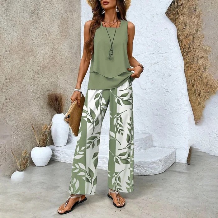 2025 European and American Clothing Amazon Aliexpress Sleeveless Vest Top + Digital Printing Casual Pants Suit