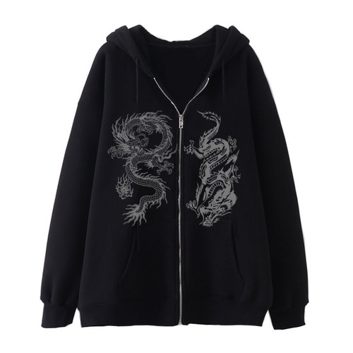 Women's Dragon Print Zip Hoodie, European and American Street Fashion, Trendy Loose Fleece Jacket