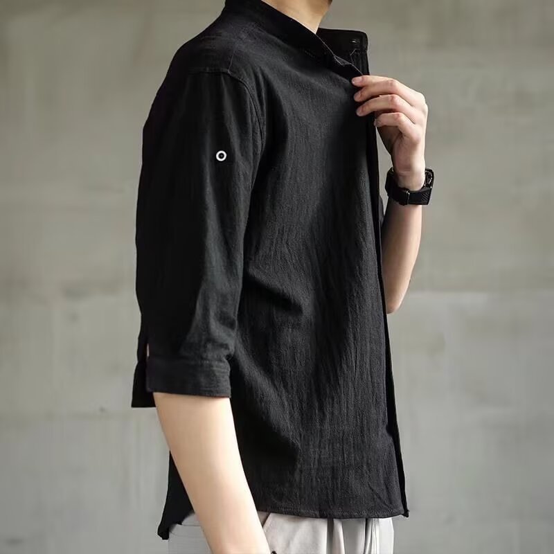 Japanese Retro Stand Collar Short Sleeve Shirt Men's Summer Trendy Brand High-End Yuppie Men's Shirt Plus Size Three-Quarter Sleeve